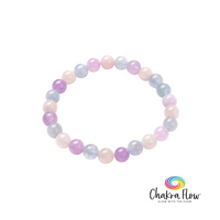Multicolored beaded bracelet on a white background with 'Chakra Flow' branding.
