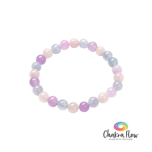 Multicolored beaded bracelet on a white background with 'Chakra Flow' branding.