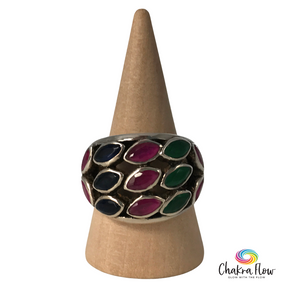 Ruby, Sapphire & Emerald Sterling Silver Ring Size 9