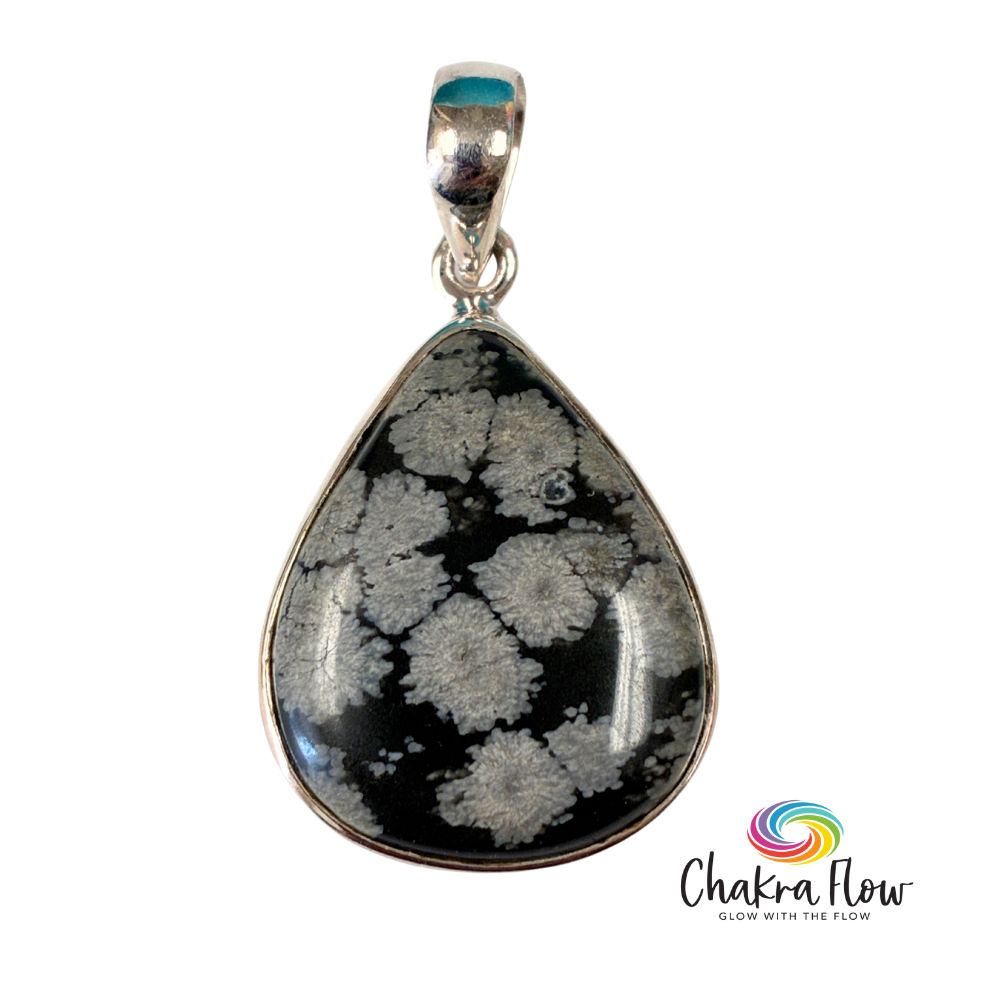 Snowflake Obsidian Teardrop Sterling Silver Pendant