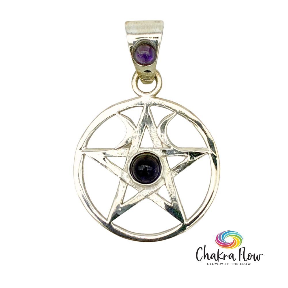 Triple Moon Pentagram Amethyst Sterling Silver Pendant