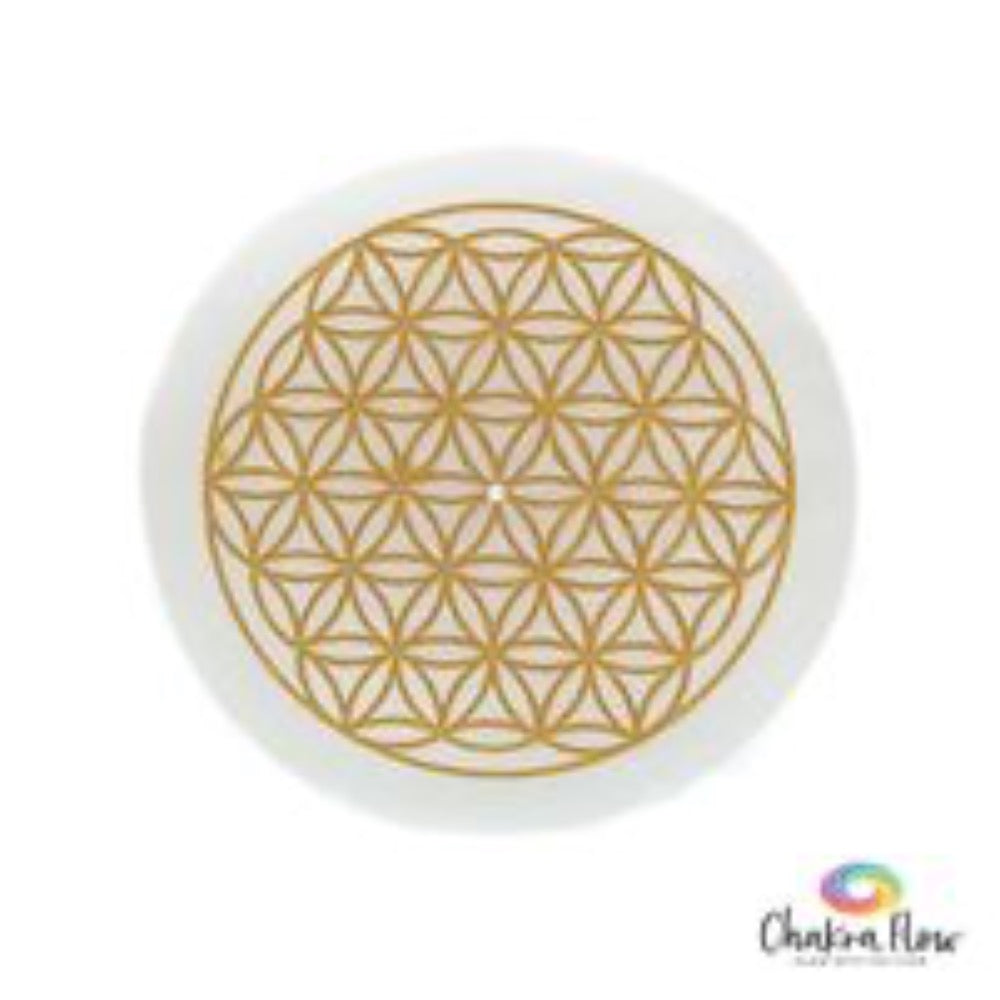 Selenite Flower of Life Round Plate Gold 