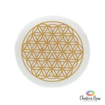 Selenite Flower of Life Round Plate Gold 
