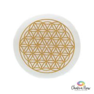 Selenite Flower of Life Round Plate Gold 