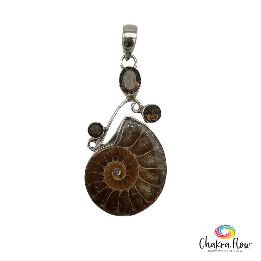 Ammonite and Smoky Quartz Sterling Silver Pendant