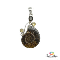 Ammonite, Citrine and Smoky Quartz Sterling Silver Pendant