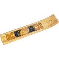 Wood Incense Holder Etched Wolf and Inlayed Black Onyx